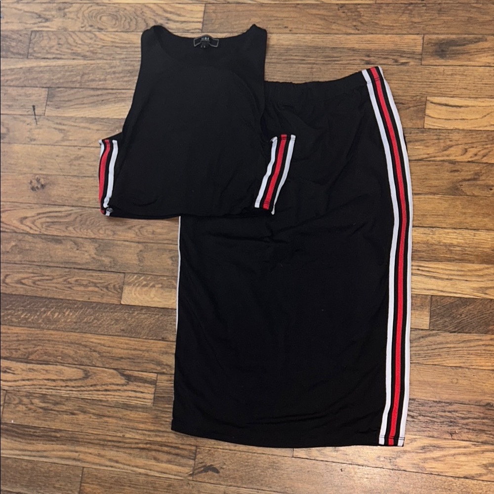 Black Two-Piece Set with Red and White Stripes